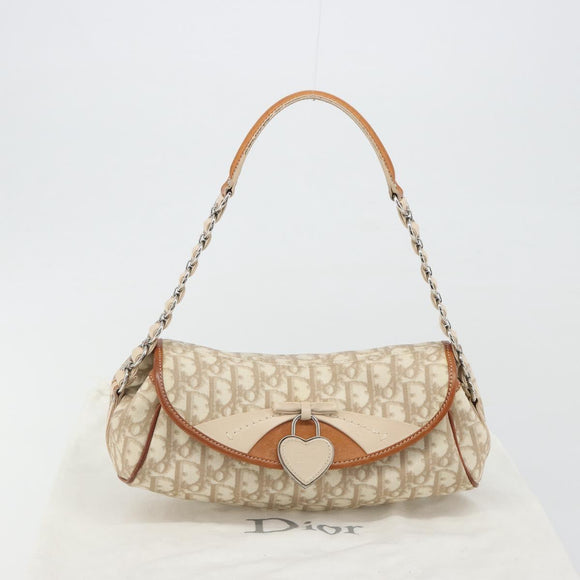 Christian Dior Trotter Canvas Romantic Chain Bag PVC Beige Silver Auth 191980V
