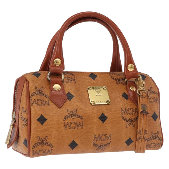 MCM Logogram Vicetos Mini Boston Bag PVC Leather 2way Brown Gold Auth 192029A