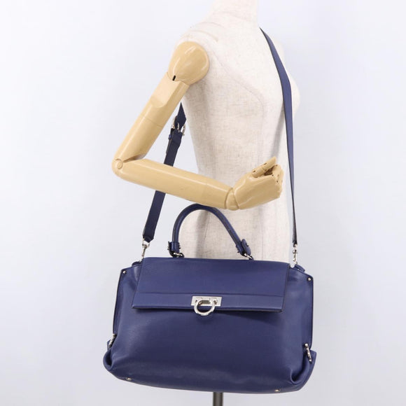 Salvatore Ferragamo Gancini Hand Bag Leather 2way Blue Silver Auth 192042A