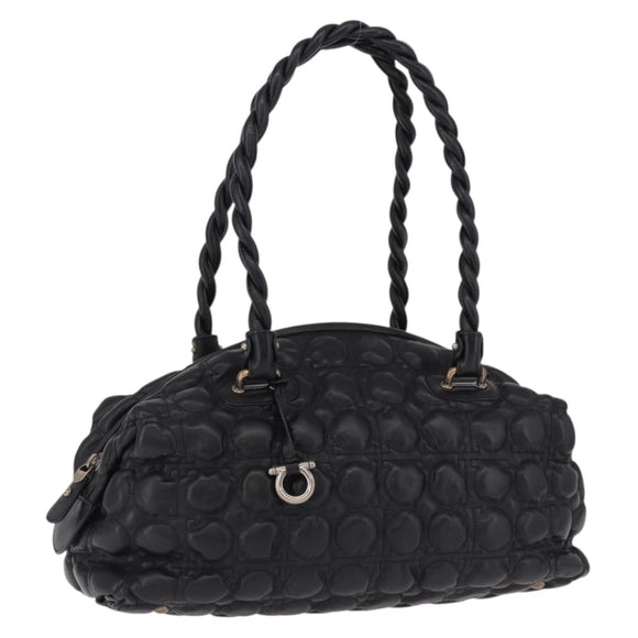 Salvatore Ferragamo Gancini Boston Bag Leather Black Silver Auth 192056V