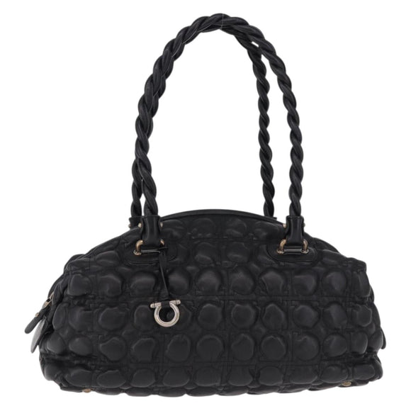 Salvatore Ferragamo Gancini Boston Bag Leather Black Silver Auth 192056V