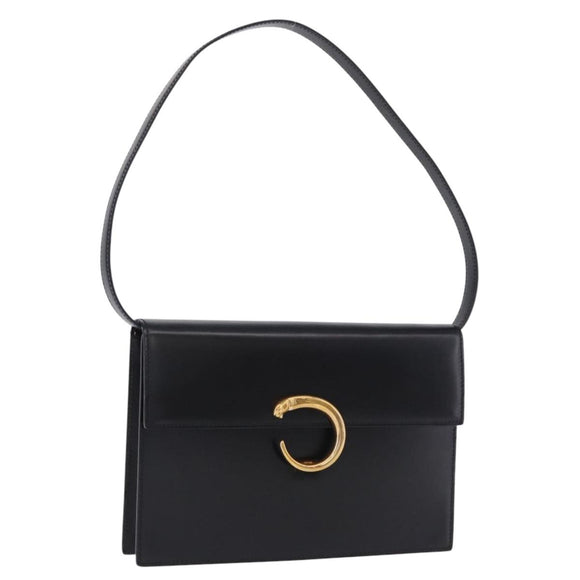 CARTIER PANTHERE Shoulder Bag Leather Black Gold Auth 192063V