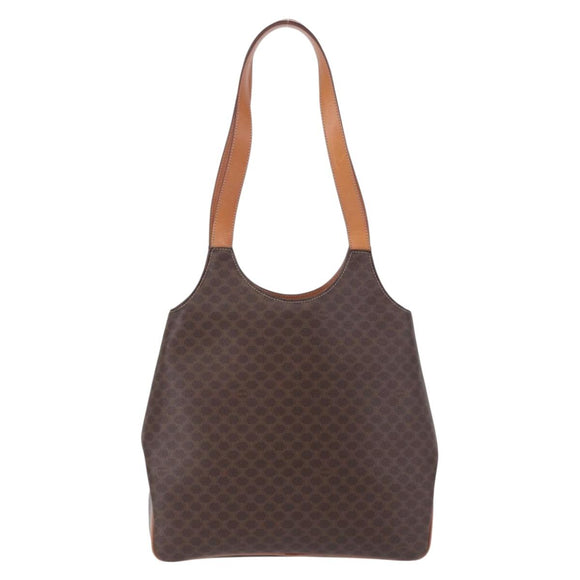 CELINE Macadam Canvas Circle Hand Bag PVC Leather Brown Gold Auth 192066