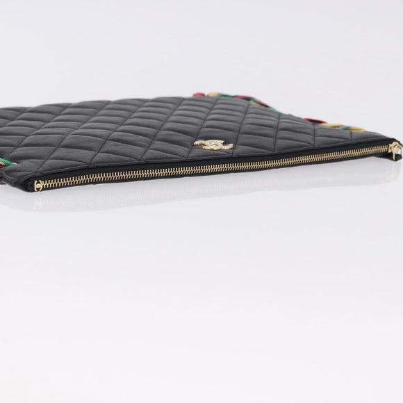 CHANEL Matelasse Clutch Bag Lamb Skin Black Gold CC Auth 192073SAM