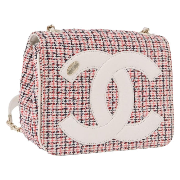CHANEL Matelasse Chain Shoulder Bag Tweed Red Gold CC Auth 192084SAM