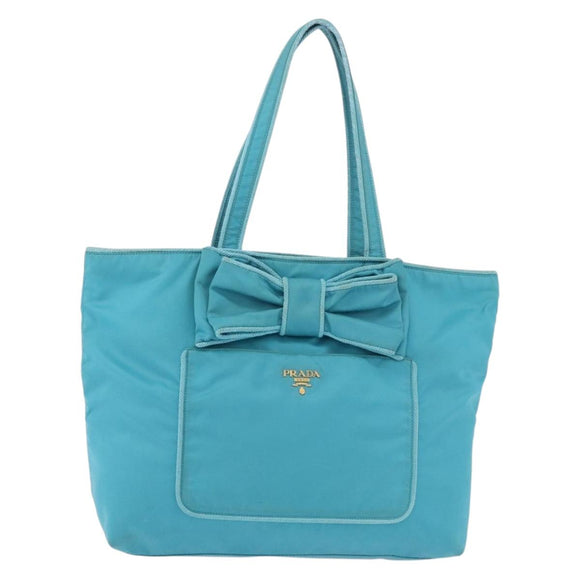 PRADA Tote Bag Nylon Turquoise Blue Gold Auth 192104A
