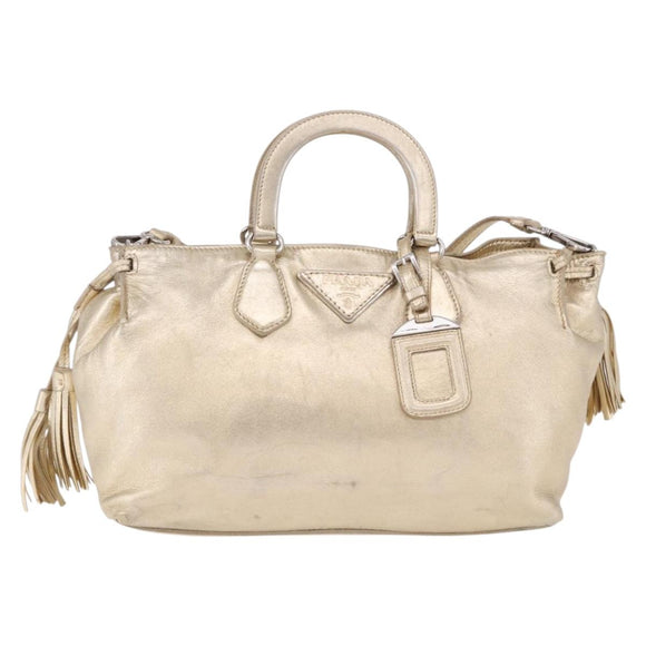 PRADA Hand Bag Leather 2way Silver Gold Auth 192120A
