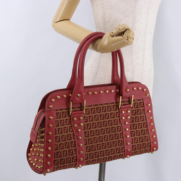 FENDI Zucchino Canvas Hand Bag Red Gold Auth 192125A