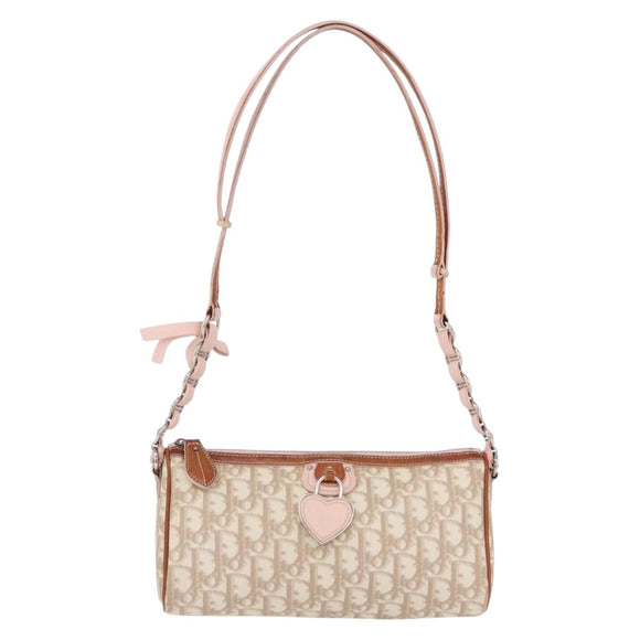 Christian Dior Trotter Canvas Chain Romantic Bag PVC Beige Silver Auth 192126V