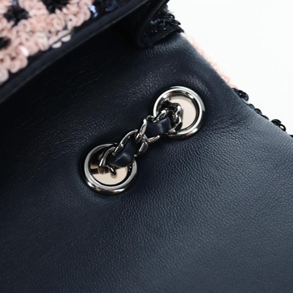 CHANEL Chain Shoulder Bag Leather sequins Navy Silver CC Auth 192127SM