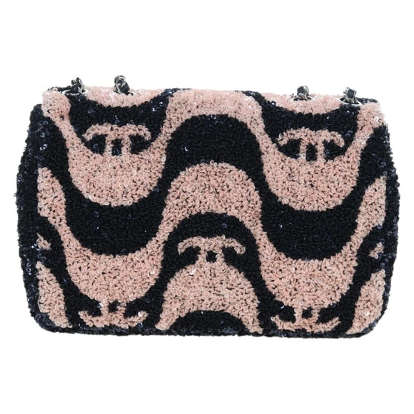 CHANEL Chain Shoulder Bag Leather sequins Navy Silver CC Auth 192127SM