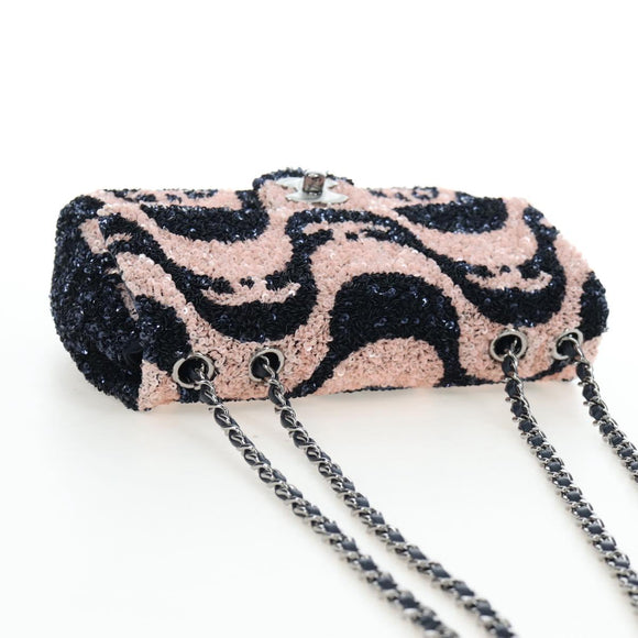 CHANEL Chain Shoulder Bag Leather sequins Navy Silver CC Auth 192127SM