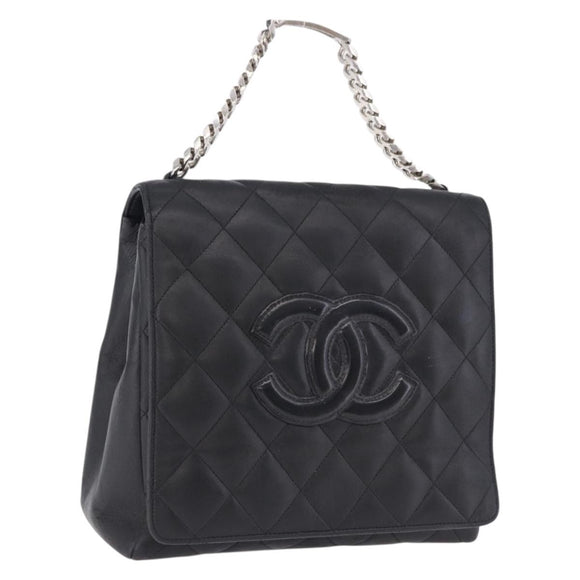 CHANEL Matelasse Chain Hand Bag Lamb Skin Black Silver CC Auth 192129M
