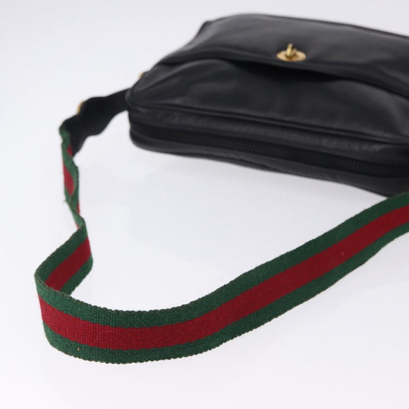 GUCCI Horsebit Web Sherry Line Shoulder Bag Leather Black Gold Auth 192187A