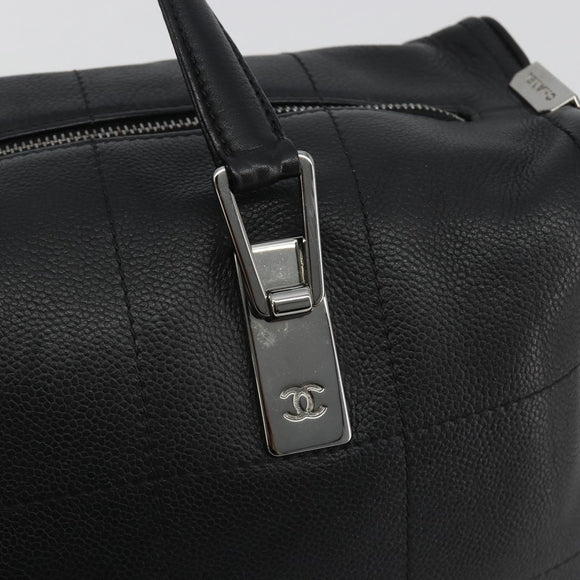 CHANEL Choco Bar Boston Bag Caviar Skin Black Silver CC Auth 192194SAM