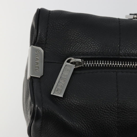 CHANEL Choco Bar Boston Bag Caviar Skin Black Silver CC Auth 192194SAM