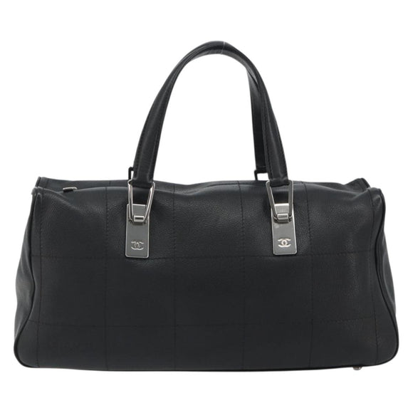 CHANEL Choco Bar Boston Bag Caviar Skin Black Silver CC Auth 192194SAM