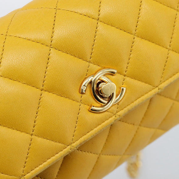 CHANEL Matelasse Chain Shoulder Bag Lamb Skin Yellow Gold CC Auth 192225
