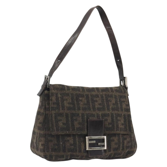 FENDI Zucca Canvas Mamma Baguette Shoulder Bag Wool Brown Gold Auth 192244V