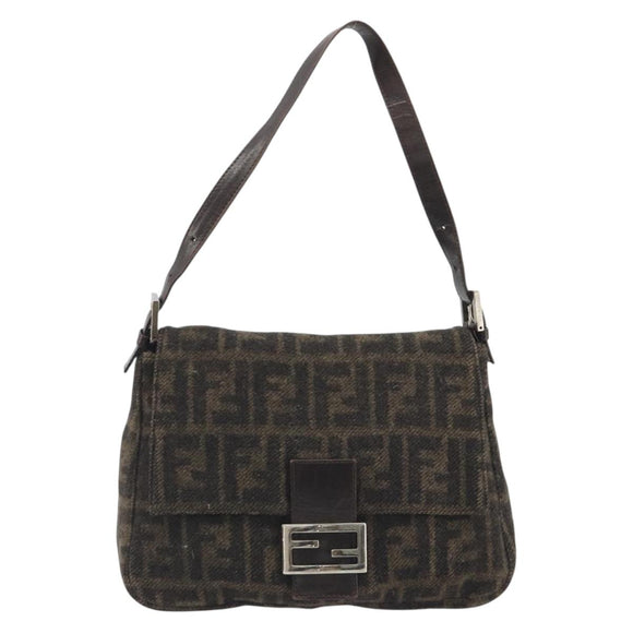 FENDI Zucca Canvas Mamma Baguette Shoulder Bag Wool Brown Gold Auth 192244V