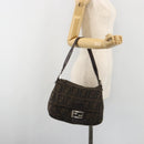 FENDI Zucca Canvas Mamma Baguette Shoulder Bag Wool Brown Gold Auth 192244V-26