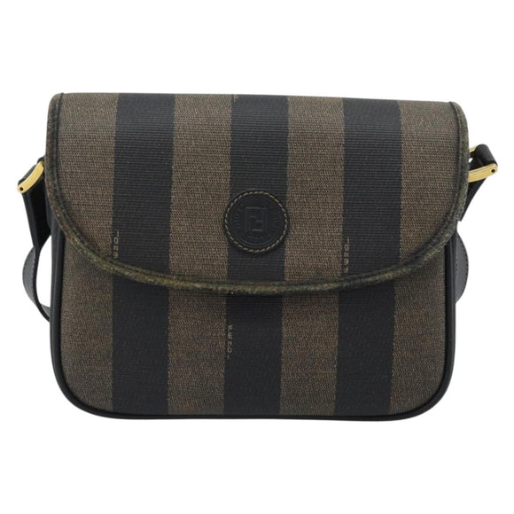 FENDI Pecan Canvas Shoulder Bag PVC Black Brown Auth 192256
