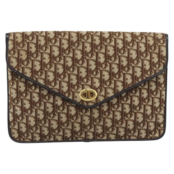 Christian Dior Trotter Canvas Clutch Bag Beige Gold Auth 192259