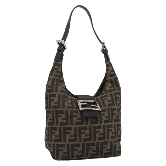 FENDI Zucca Canvas Mamma Baguette Shoulder Bag Brown Gold Auth 192273