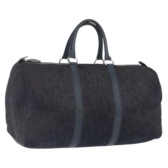 Christian Dior Trotter Canvas Boston Bag Leather Navy Silver Auth 192274