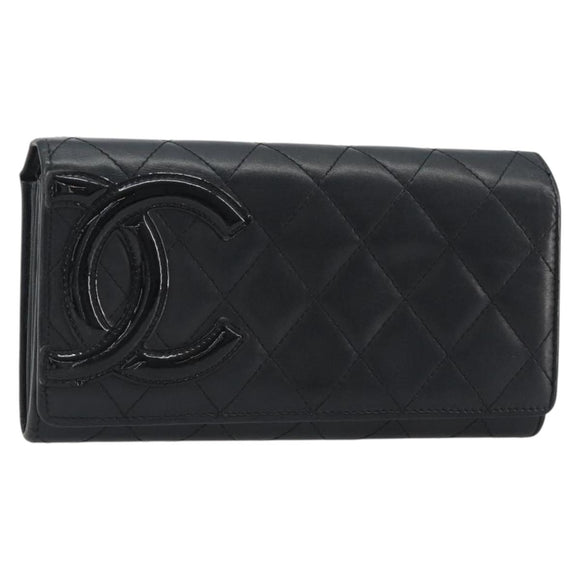 CHANEL Matelasse Cambon Line Long Wallet Leather Black Silver CC Auth 192277