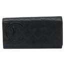 CHANEL Matelasse Cambon Line Long Wallet Leather Black Silver CC Auth 192277-13