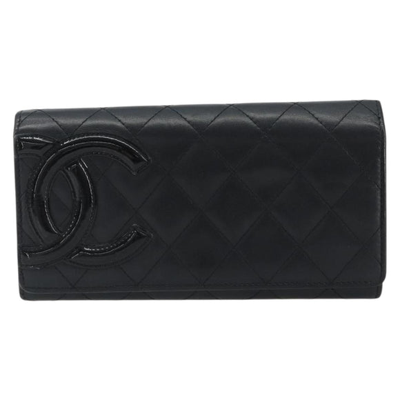 CHANEL Matelasse Cambon Line Long Wallet Leather Black Silver CC Auth 192277