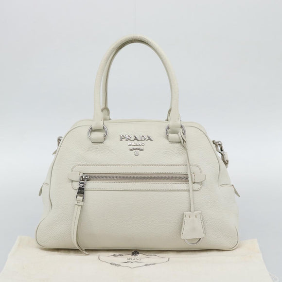 PRADA Hand Bag Vittero Dino Leather 2way White Silver Auth 192296V