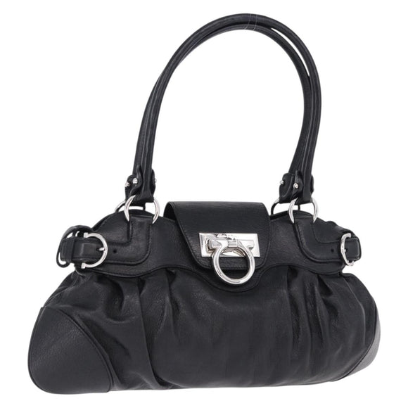 Salvatore Ferragamo Gancini Hand Bag Leather Black Silver Auth 192300A