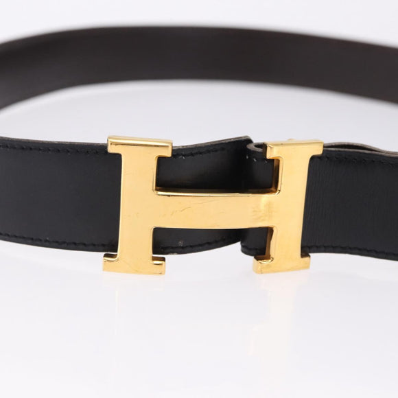 HERMES Constant H Belt Leather 35"" Black Gold Auth 192305