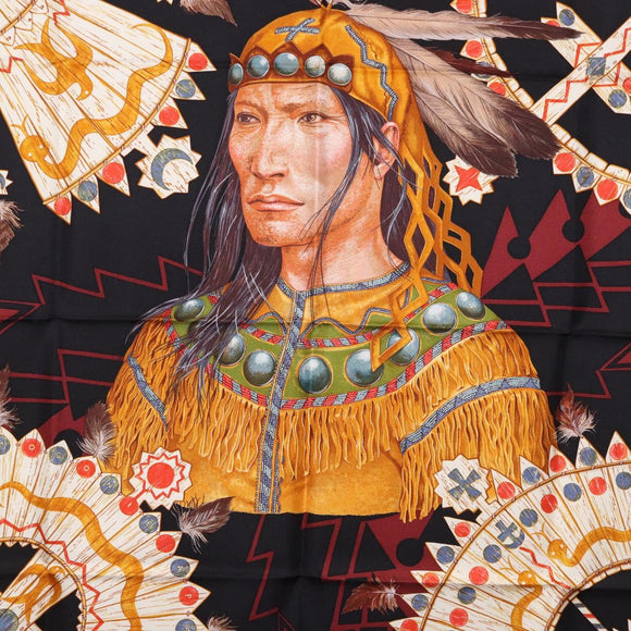 HERMES Carre90 Scarf Silk ""Cosmogonie Apache"" Brown Black Auth 192369M