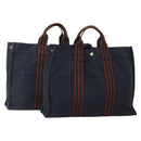 HERMES Fourre Tout MM Hand Bag Canvas 2 Set Navy Orange Auth 192416-1