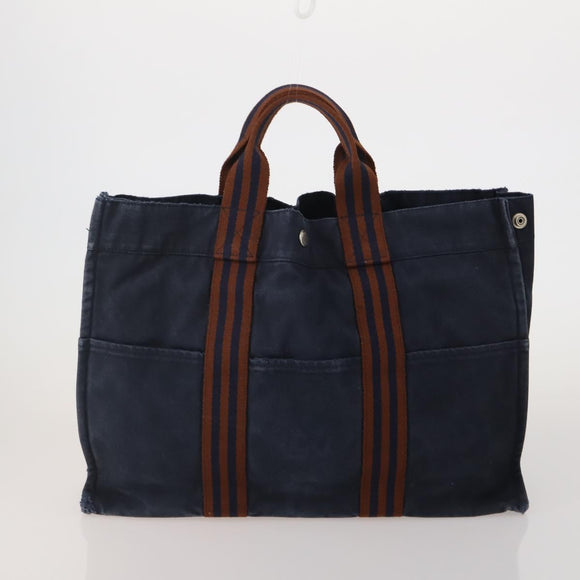 HERMES Fourre Tout MM Hand Bag Canvas 2 Set Navy Orange Auth 192416