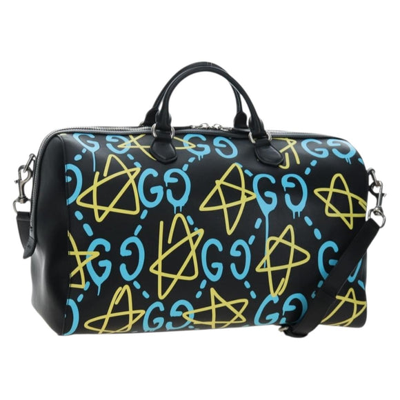 GUCCI Ghost Boston Bag Leather 2way Black Silver Auth 192424SAM