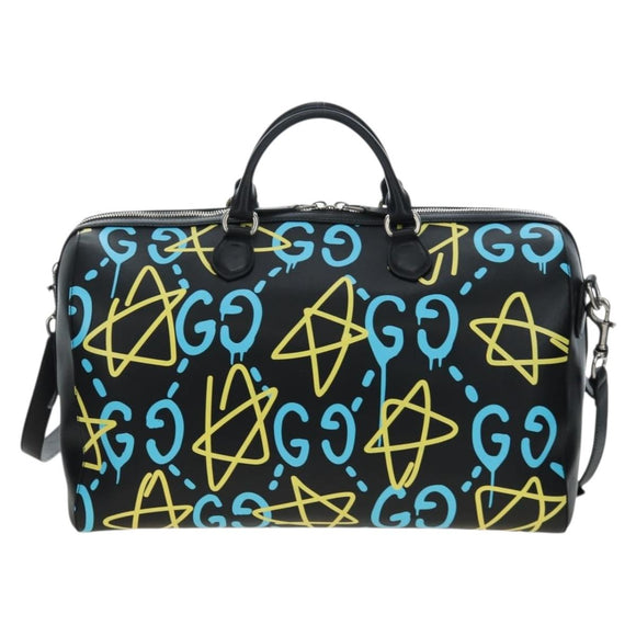 GUCCI Ghost Boston Bag Leather 2way Black Silver Auth 192424SAM