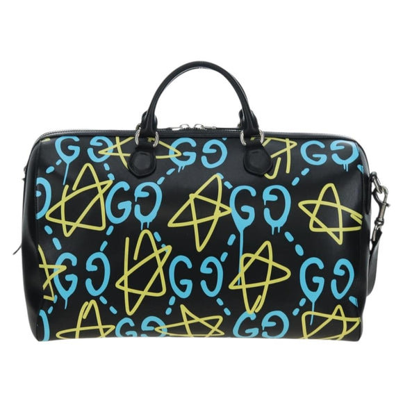 GUCCI Ghost Boston Bag Leather 2way Black Silver Auth 192424SAM