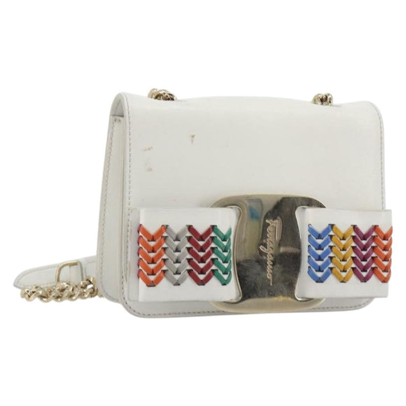 Salvatore Ferragamo Vala Chain Shoulder Bag Leather White Gold Auth 192429