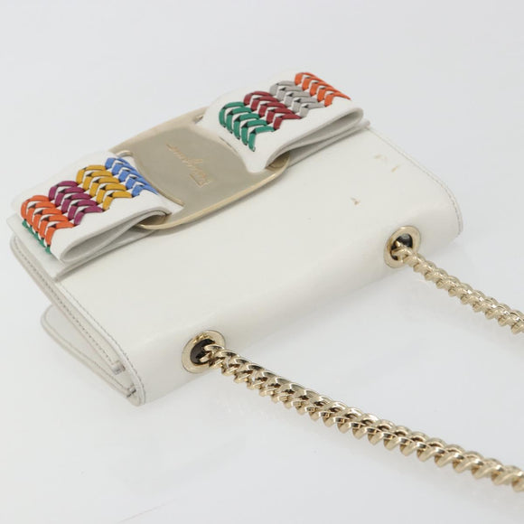 Salvatore Ferragamo Vala Chain Shoulder Bag Leather White Gold Auth 192429