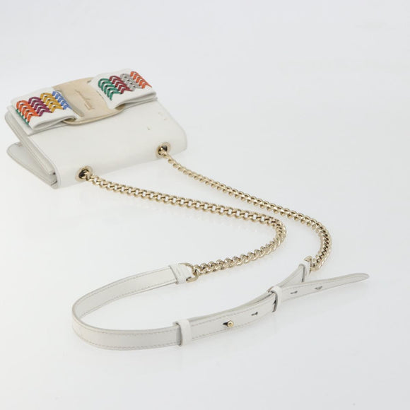 Salvatore Ferragamo Vala Chain Shoulder Bag Leather White Gold Auth 192429