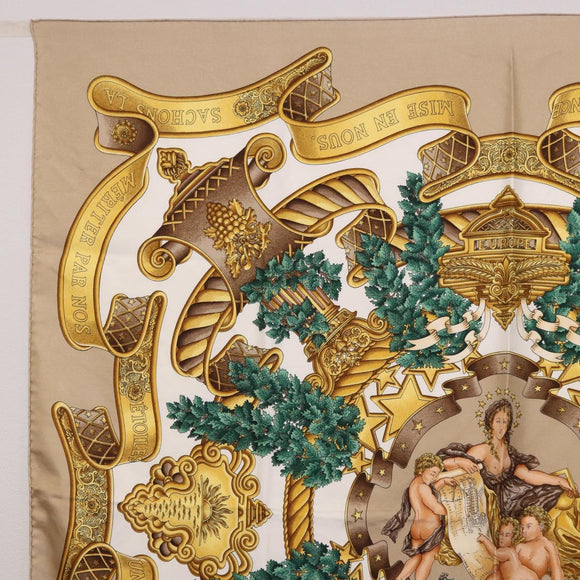 HERMES Carre 90 Scarf ”DANS LES ESPRITS” Silk Beige Auth 192450