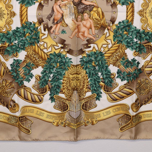 HERMES Carre 90 Scarf ”DANS LES ESPRITS” Silk Beige Auth 192450