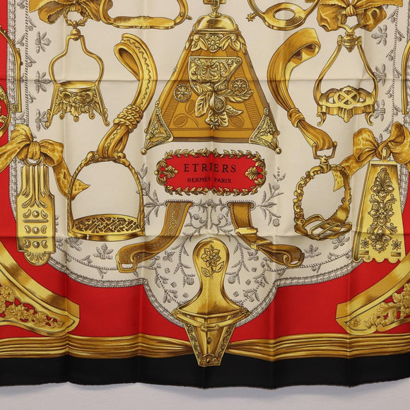 HERMES Carre 90 Scarf ”ETRIERS” Silk Black Auth 192451M