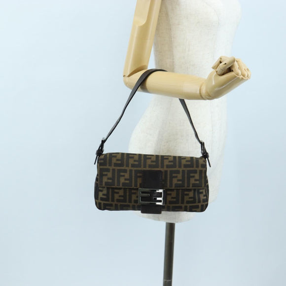 FENDI Zucca Canvas Mamma Baguette Shoulder Bag Brown Black Auth 192459M