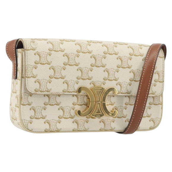 CELINE Triomphe Canvas Shoulder Bag PVC White Gold Auth 192461SAM