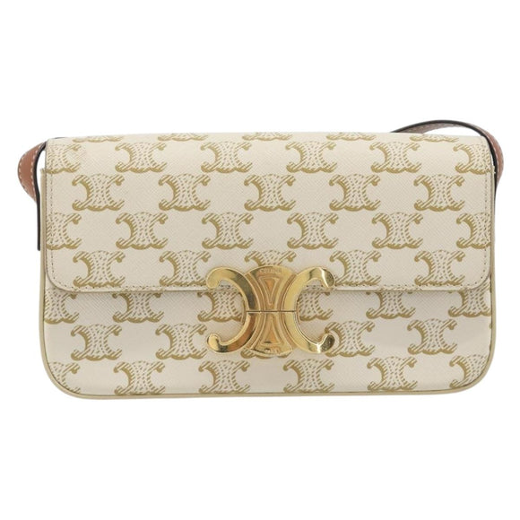 CELINE Triomphe Canvas Shoulder Bag PVC White Gold Auth 192461SAM